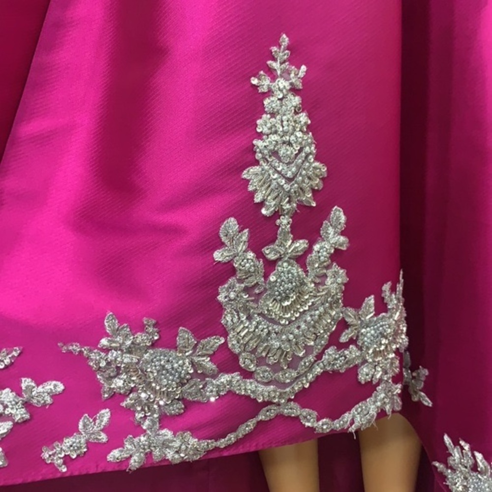 Half Shoulder High Low Fuchsia Evening Gown Size 4 - Picture 7 of 12